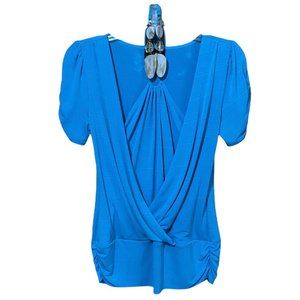 iZ Byer California Women Fashion Top, Ruched Sleeves, Aqua Blue, Small